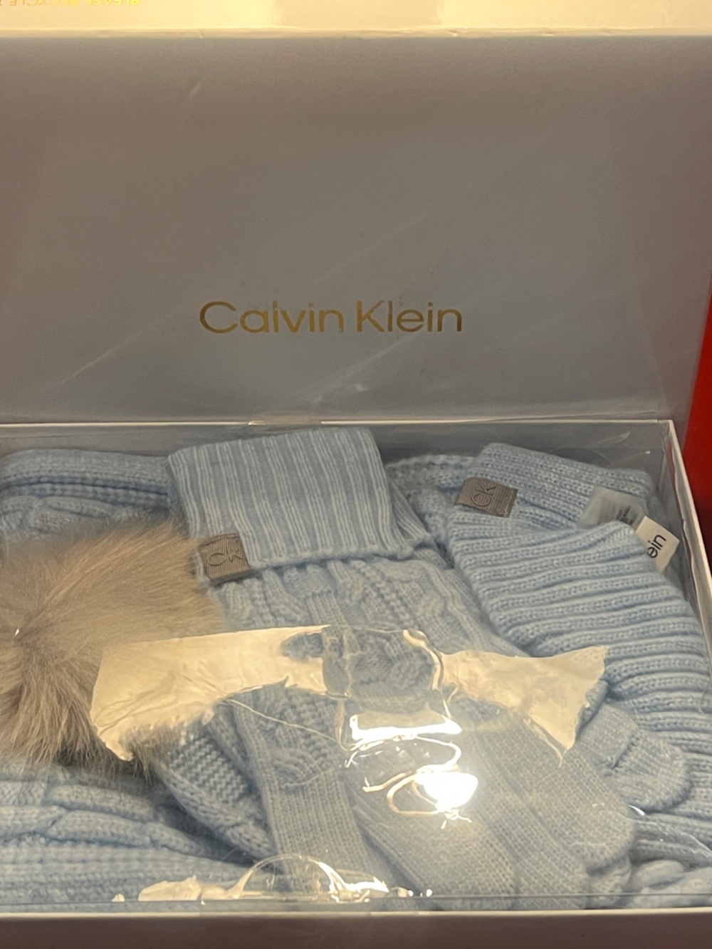 Calvin Klein Light Blue Knit Glove and Mittens Set